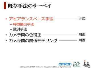 既存手法のサーベイ

•  アピアランスベース⼿手法                                                                           井尻	
 –  特徴抽出⼿手法
 –  識識別⼿手法
•  カメラ間の⾊色補正                                                                              川西	
•  カメラ間の関係モデリング                                                                           川西	




     (c)  Copyrights  OMRON  Kyoto  Univ.  Nagoya  Univ.  2011.  All  Rights  Reserved.
 