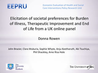 Economic Evaluation of Health and Social
Care Interventions Policy Research Unit

Elicitation of societal preferences for Burden
of Illness, Therapeutic Improvement and End
of Life from a UK online panel
Donna Rowen
John Brazier, Clara Mukuria, Sophie Whyte, Anju Keetharuth, Aki Tsuchiya,
Phil Shackley, Arne Risa Hole

 