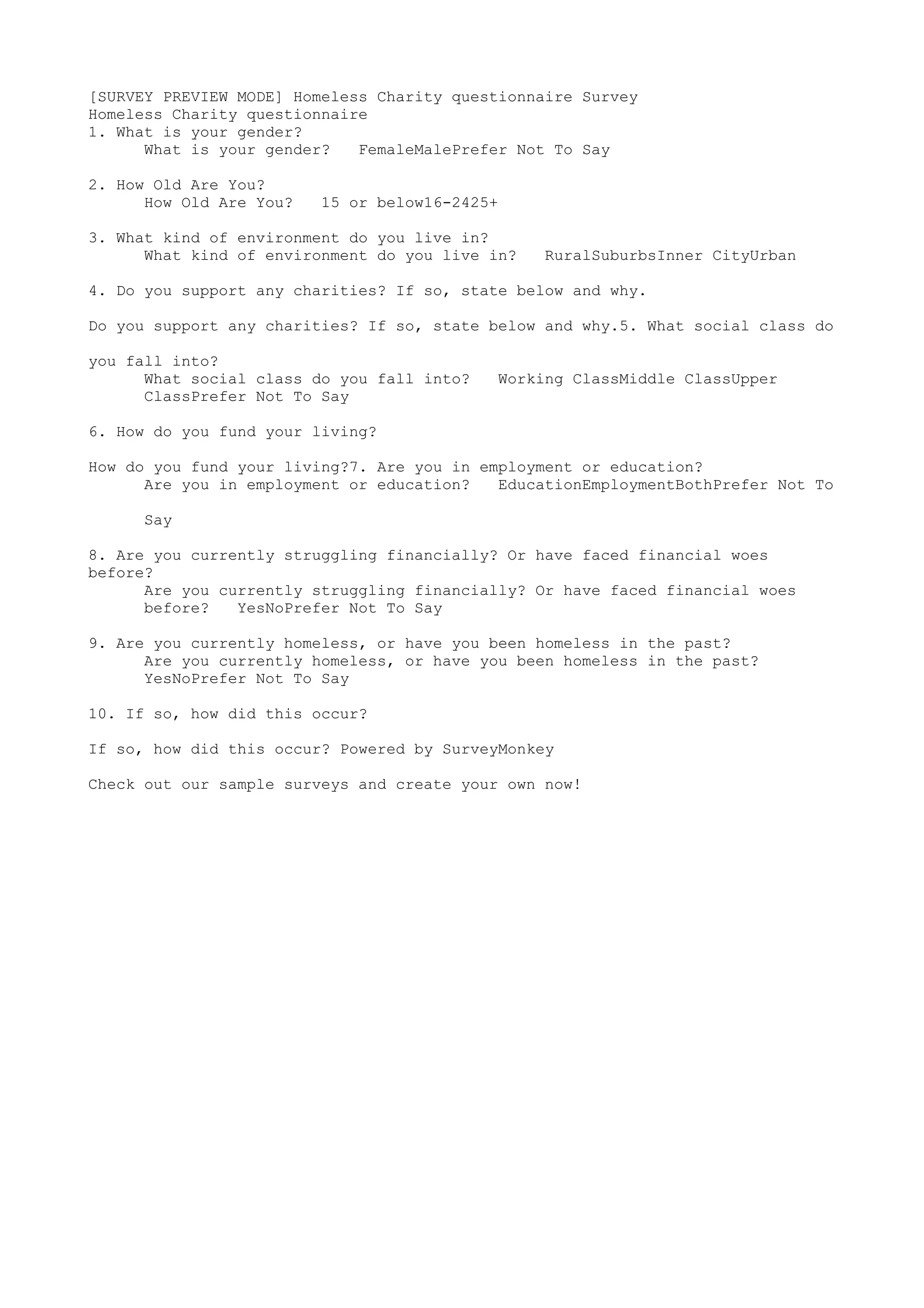 [Survey preview mode] homeless charity questionnaire survey PDF