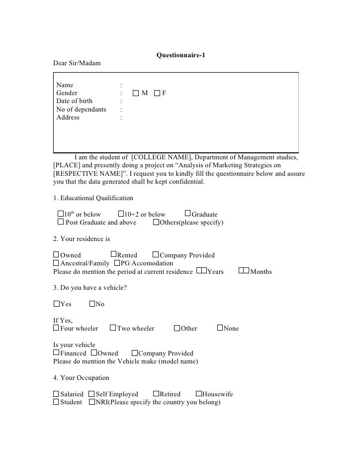 survey questionnaire format for project