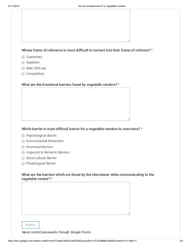 Survey questionnaire for vegetable vendors