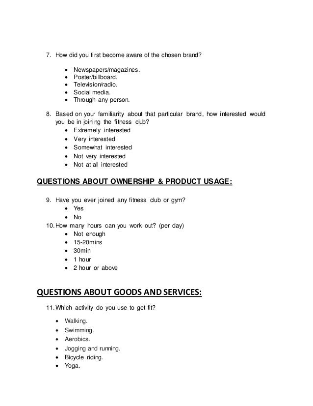 survey questionnaire founding a fitness club in hyderabad gym questionnaire market research