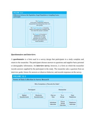 Questionnaires and Interviews
A questionnaire is a form used in a survey design that participants in a study complete and
return to the researcher. The participant chooses answers to questions and supplies basic personal
or demographic information. An interview survey, however, is a form on which the researcher
records answers supplied by the participant in the study. The researcher asks a question from an
interview guide, listens for answers or observes behavior, and records responses on the survey.
 