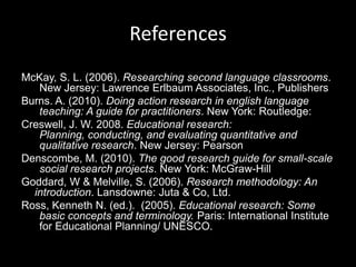 References
McKay, S. L. (2006). Researching second language classrooms.
   New Jersey: Lawrence Erlbaum Associates, Inc., Publishers
Burns. A. (2010). Doing action research in english language
   teaching: A guide for practitioners. New York: Routledge:
Creswell, J. W. 2008. Educational research:
   Planning, conducting, and evaluating quantitative and
   qualitative research. New Jersey: Pearson
Denscombe, M. (2010). The good research guide for small-scale
   social research projects. New York: McGraw-Hill
Goddard, W & Melville, S. (2006). Research methodology: An
  introduction. Lansdowne: Juta & Co, Ltd.
Ross, Kenneth N. (ed.). (2005). Educational research: Some
   basic concepts and terminology. Paris: International Institute
   for Educational Planning/ UNESCO.
 