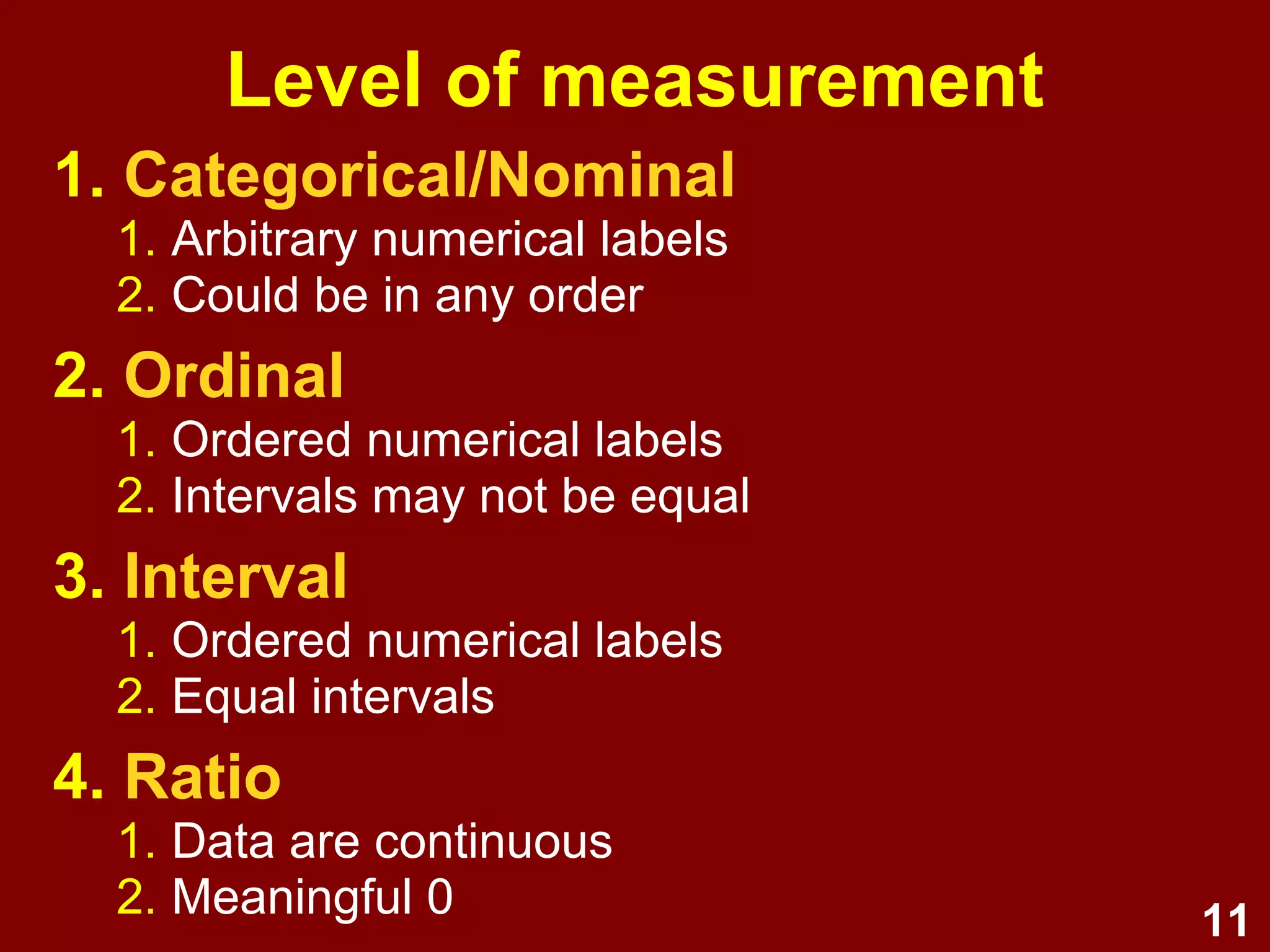 11
Response formats
1. Dichotomous and Multichotomous
2. Multiple response
3. Verbal frequency scale (Never ... Often)
4. Ranking (in order → Ordinal)
5. Likert scale (equal distances)
6. Graphical rating scale (e.g., line)
7. Semantic differential (opposing words)
8. Non-verbal (idiographic)
 
