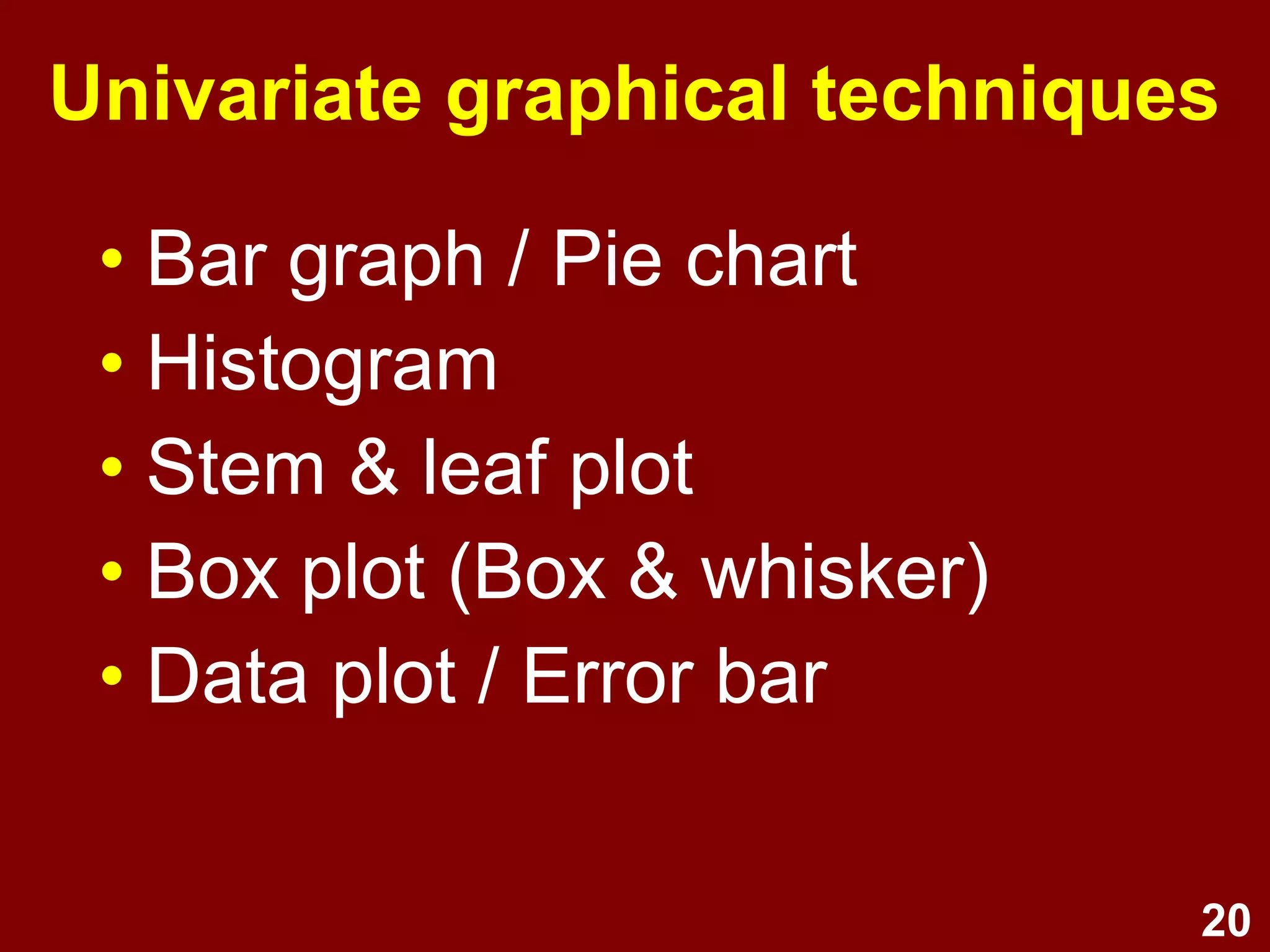 20
Skewness & central tendency
+vely skewed
mode < median < mean
Symmetrical (normal)
mean = median = mode
-vely skewed
mean < median < mode
 