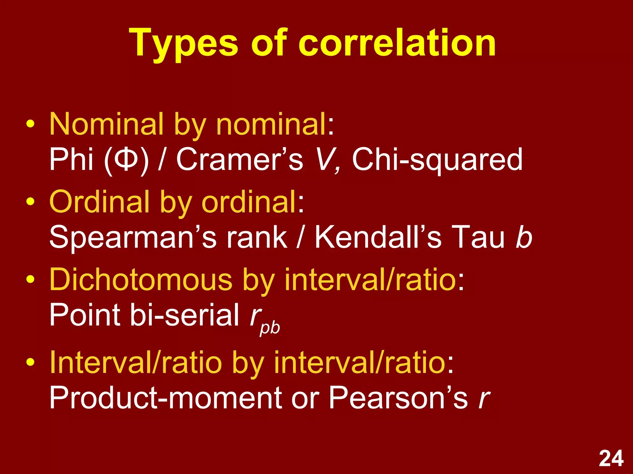24
Covariation
1. The world is made of covariations.
2. Covariations are the building blocks of
more complex multivariate
relationships.
3. Correlation is a standardised measure
of the covariance (extent to which two
phenomenon co-relate).
4. Correlation does not prove
causation - may be opposite causality,
bi-directional, or due to other variables.
 