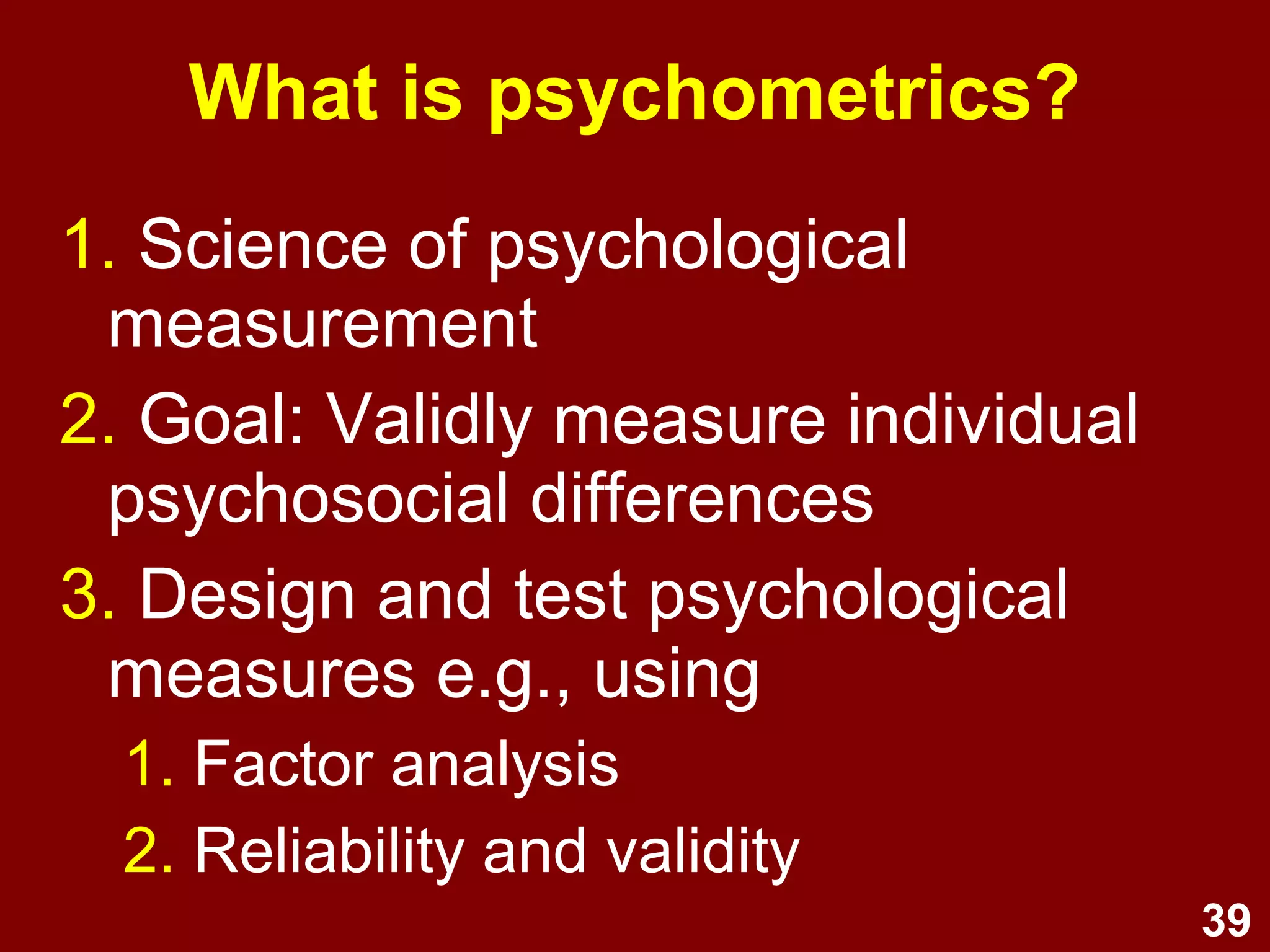 39
Item selection
An EFA of a good measurement
instrument ideally has:
• a simple factor structure (each variable
loads strongly (> +.50) on only one factor)
• each factor has multiple loading variables
(more loadings → greater reliability)
• target factor loadings are high (> .6) and
cross-loadings are low (< .3), with few
intermediate values (.3 to .6).
 