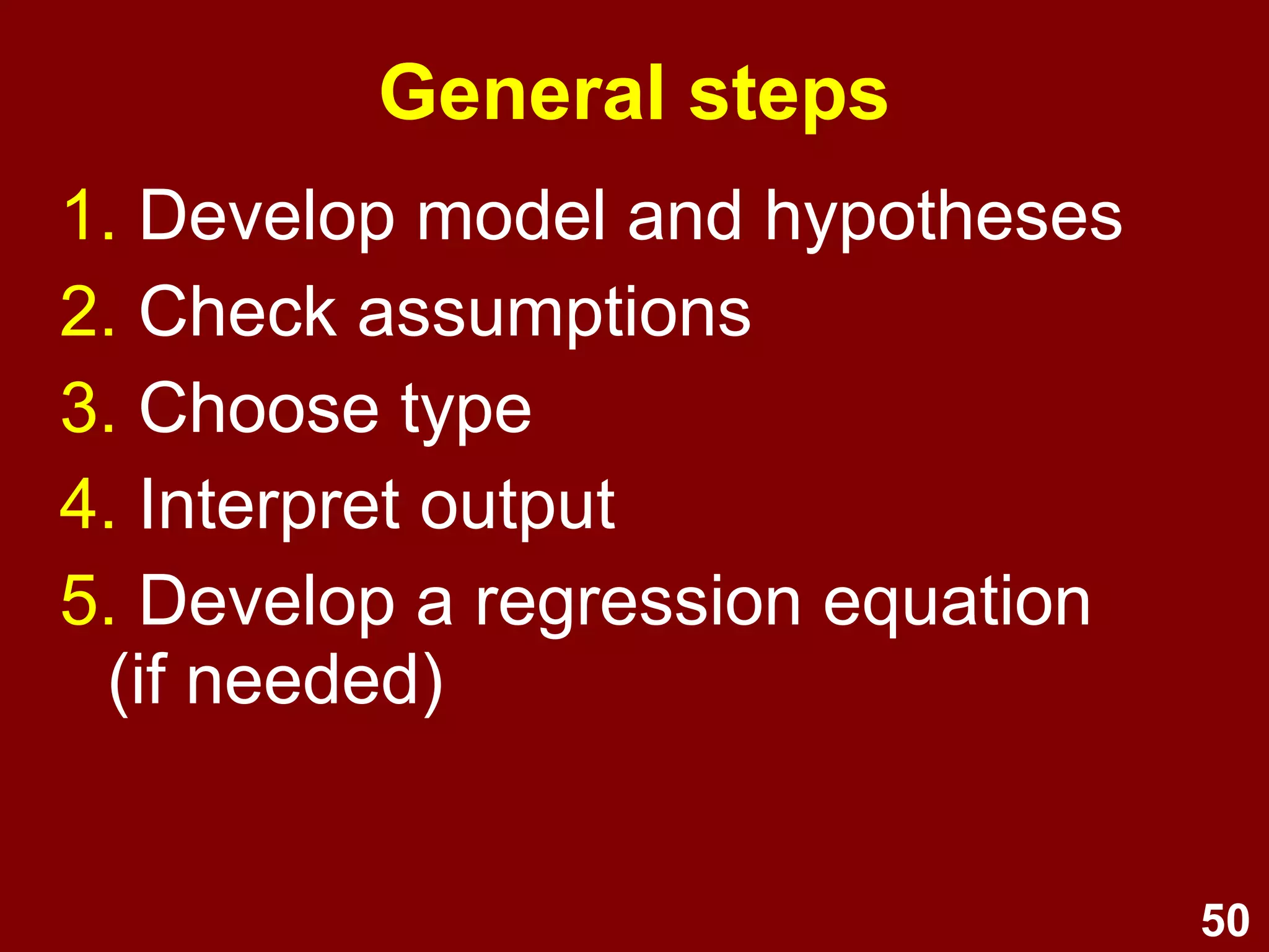 50
Linear regression
1. Best-fitting straight line for a
scatterplot of two variables
2. Y = bX + a + e
1. Predictor (X; IV)
2. Outcome (Y; DV)
3. Least squares criterion
4. Residuals are the vertical
distance between actual and
predicted values
 