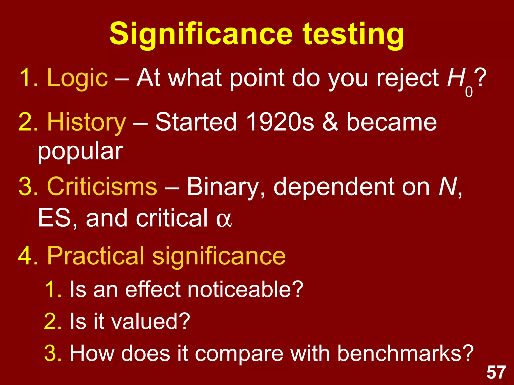 57
Interactions
1. In MLR, IVs may interact to:
1. Increase the IVs' effect on the DV
2. Decrease the IVs' effect on the DV
2. Model interactions using
hierarchical MLR:
1. Step 1: Enter IVs
2. Step 2: Enter cross-product of IVs
3. Examine change in R2
 
