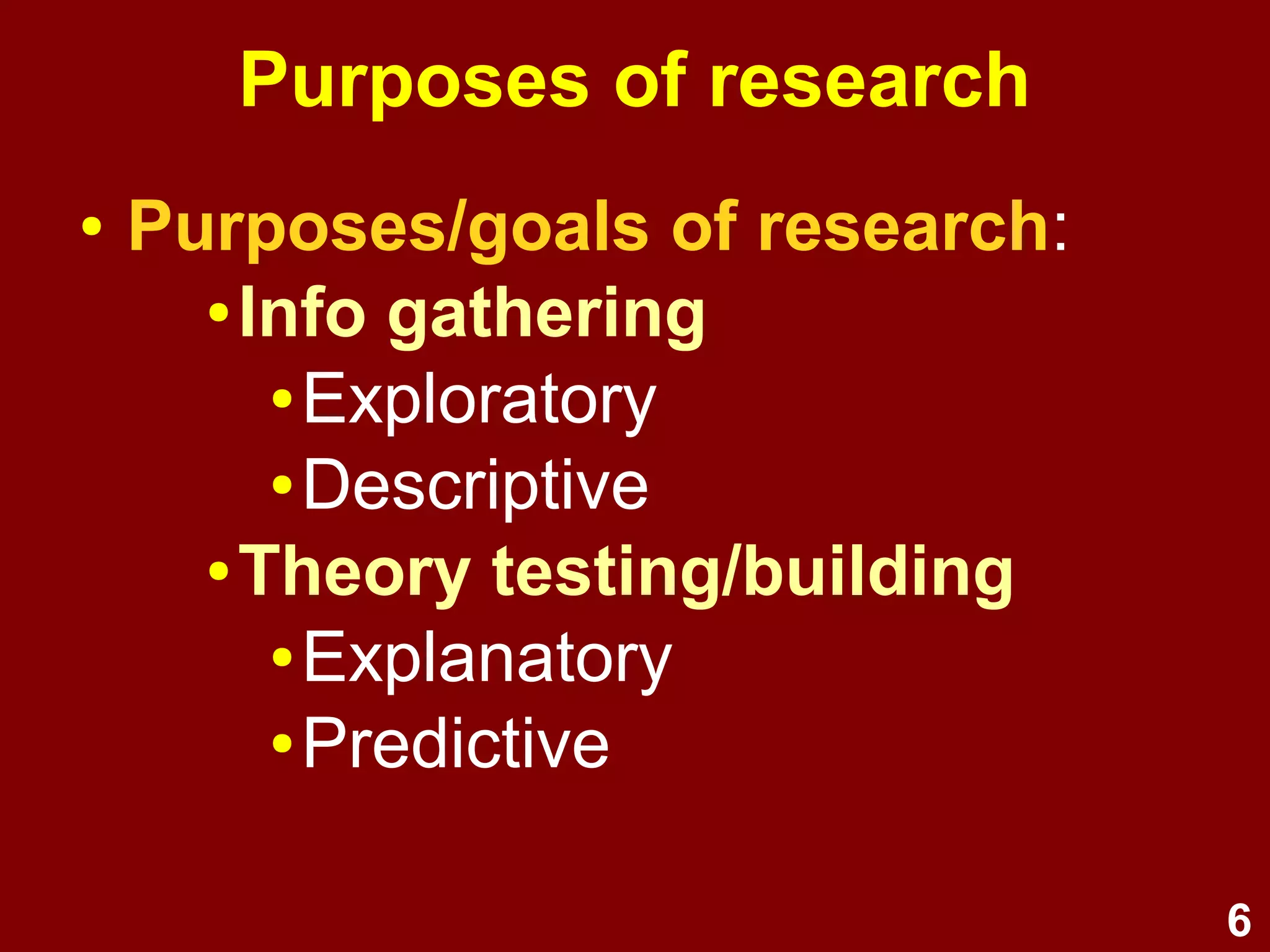6
Purposes of research
● Purposes/goals of research:
● Information gathering
● Exploratory
● Descriptive
● Theory testing/building
● Explanatory
● Predictive
 