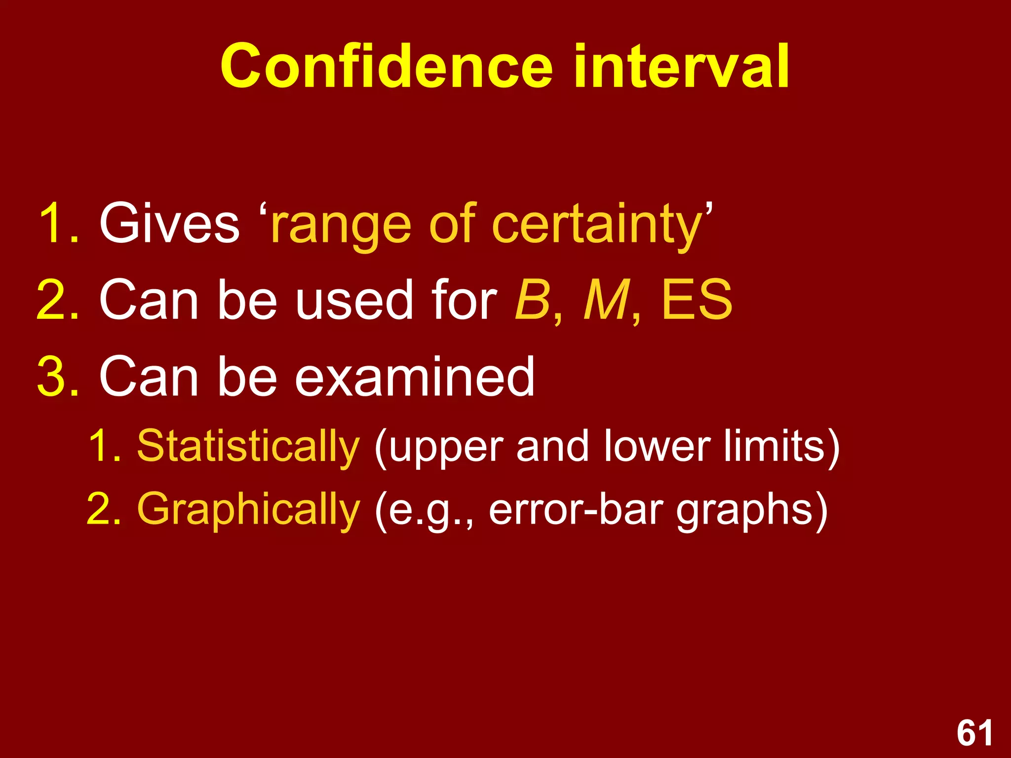 61
Significance testing
1. Logic – At what point do you reject H0
?
2. History – Started in 1920s & became very
popular through 2nd
half of 20th
century
3. Criticisms – Binary, dependent on N, ES,
and critical α
4. Practical significance
1. Is an effect noticeable?
2. Is it valued?
3. How does it compare with benchmarks?
 