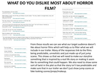 From these results we can see what our target audience doesn’t
like about horror films which will help us to filter what we will
include in our trailer. Many of the responses link to the films
being predictable, unrealistic and just made up of just jump
scares. This shows us that we will need to make our storyline
something that is inspired by a real life story or making it seem
like its something that could happen. We also need to show some
sort of twist in the plot so that the story isn’t too predictable and
make sure that in our trailer we don’t just show jump scares or
fake looking scenes/props/makeup.
WHAT DO YOU DISLIKE MOST ABOUT HORROR
FILM?
 