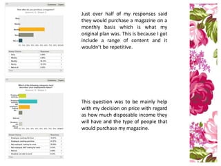 Just over half of my responses said
they would purchase a magazine on a
monthly basis which is what my
original plan was. This is because I got
include a range of content and it
wouldn’t be repetitive.
This question was to be mainly help
with my decision on price with regard
as how much disposable income they
will have and the type of people that
would purchase my magazine.
 