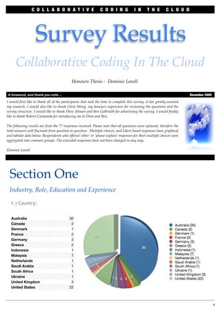 C O L L A B O R A T I V E                     C O D I N G            I N      T H E        C L O U D




                     Survey Results
        Collaborative Coding In The Cloud
                                            Honours Thesis - Dominic Lovell

    A foreword, and thank you note ...	                                                                                  December 2009

I would ﬁrst like to thank all of the participants that took the time to complete this survey, it has greatly assisted
my research. I would also like to thank Chris Wong, my honours supervisor for reviewing the questions and the
survey structure. I would like to thank Dion Almaer and Ben Galbraith for advertising the survey. I would ﬁnally
like to thank Robert Castaneda for introducing me to Dion and Ben.

The following results are from the 77 responses received. Please note that all questions were optional, therefore the
total answers will ﬂuctuate from question to question. Multiple choices, and Likert based responses have graphical
and tabular data below. Respondents who offered ‘other’ or ‘please explain’ responses for their multiple choices were
aggregated into common groups. The extended responses have not been changed in any way.

Dominic Lovell




    Section One
    Industry, Role, Education and Experience

     1.) Country:


     Australia                             30
     Canada                                 2
     Denmark                                1
     France                                 2
     Germany                                3
     Greece                                 2
     Indonesia                              1
     Malaysia                               7
     Netherlands                            1
     Saudi Arabia                           1
     South Africa                           1
     Ukraine                                1
     United Kingdom                         3
     United States                         22




                                                                                                                                        1
 