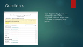 Question 4
From these results you can see
that people do not buy
magazine often so I might have
to make It monthly with extra
details.

 