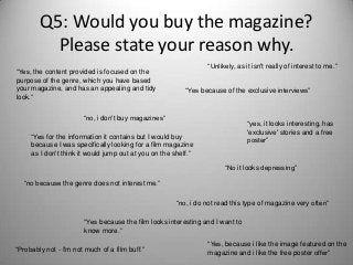 Q5: Would you buy the magazine?
Please state your reason why.
“Yes, the content provided is focused on the
purpose of the genre, which you have based
your magazine, and has an appealing and tidy
look.”
“Unlikely, as it isn't really of interest to me.”
“Yes because of the exclusive interviews”
“Probably not - I'm not much of a film buff.”
“yes, it looks interesting, has
'exclusive' stories and a free
poster”
“no, i do not read this type of magazine very often”
“no, i don't buy magazines”
“no because the genre does not interest me.”
“Yes because the film looks interesting and I want to
know more.”
“Yes for the information it contains but I would buy
because I was specifically looking for a film magazine
as I don't think it would jump out at you on the shelf.”
“No it looks depressing”
“Yes, because i like the image featured on the
magazine and i like the free poster offer”
 