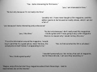 “No but only because I'm not really into films”
“possibly not. i have never bought a film magazine, and this
edition seems to be focused on reality shows, which I am not
a fan of”
“yes, I like films”
“From the information around the magazine, I would
buy it (and that it's a good price); never the less, the
actual picture itself makes it unappealing to me.”
“I wouldn't personally as I do not buy that sort of magazine,
but for those who do, I am sure they would buy it.”
“yes, I am interested in films.”
“No but only because I don't really read film magazines
- It looks great and if I was going to buy a film magazine
there is no reason why I would not buy this one.”
“Maybe; enjoy films but don't buy magazines about them these days - tend to
read reviews etc on the internet.”
“Yes- to find out what the film is all about.”
“Yes - looks interesting for film lovers.”
“Yes, it looks good quality”
“yes because it looks interesting and professional”
 