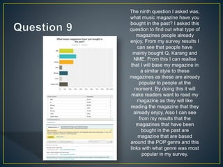 The ninth question I asked was,
what music magazine have you
bought in the past? I asked this
question to find out what type of
magazines people already
enjoy. From my survey results I
can see that people have
mainly bought Q, Karang and
NME. From this I can realise
that I will base my magazine in
a similar style to these
magazines as these are already
popular to people at the
moment. By doing this it will
make readers want to read my
magazine as they will like
reading the magazine that they
already enjoy. Also I can see
from my results that the
magazines that have been
bought in the past are
magazine that are based
around the POP genre and this
links with what genre was most
popular in my survey.
 