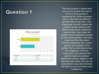 The first question I asked what
was is your gender this was to
find out what gender is
answering the certain answers
also to see what the different
genders like to see with in the
magazines. As well I asked this
question to see what gender
liked to read music magazines
more so that I can make the
content of my magazine suitable
to the correct gender, I can also
make sure that the colour
scheme addresses the correct
gender and appeals to the
gender that is most likely to buy
the magazine. From my
responses I can see that the
gender balance is almost
balanced however slightly m ore
females than males, this can be
interpreted to say more females
are likely to buy and read music
magazines.
 