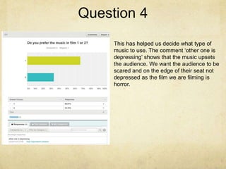 Question 4
This has helped us decide what type of
music to use. The comment ‘other one is
depressing’ shows that the music upsets
the audience. We want the audience to be
scared and on the edge of their seat not
depressed as the film we are filming is
horror.
 