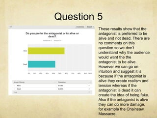 Question 5
These results show that the
antagonist is preferred to be
alive and not dead. There are
no comments on this
question so we don’t
understand why the audience
would want the the
antagonist to be alive.
However we can go on
intuition and suggest it is
because if the antagonist is
alive they create realism and
tension whereas if the
antagonist is dead it can
create the idea of being fake.
Also if the antagonist is alive
they can do more damage,
for example the Chainsaw
Massacre.
 