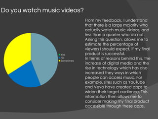 Do you watch music videos?
From my feedback, I understand
that there is a large majority who
actually watch music videos, and
less than a quarter who do not.
Asking this question, allows me to
estimate the percentage of
viewers I should expect, if my final
product is successful.
In terms of reasons behind this, the
increase of digital media and the
rise in technology which has also
increased they ways in which
people can access music. For
example, sites such as YouTube
and Vevo have created apps to
widen their target audience. This
information then allows me to
consider making my final product
accessible through these apps.
 