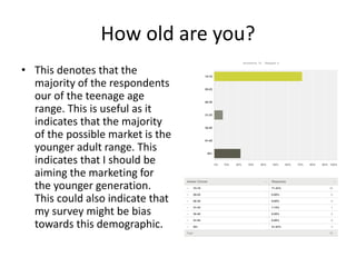 How old are you?
• This denotes that the
majority of the respondents
our of the teenage age
range. This is useful as it
indicates that the majority
of the possible market is the
younger adult range. This
indicates that I should be
aiming the marketing for
the younger generation.
This could also indicate that
my survey might be bias
towards this demographic.
 