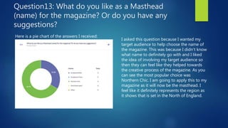 Question13: What do you like as a Masthead
(name) for the magazine? Or do you have any
suggestions?
Here is a pie chart of the answers I received:
I asked this question because I wanted my
target audience to help choose the name of
the magazine. This was because I didn’t know
what name to definitely go with and I liked
the idea of involving my target audience so
then they can feel like they helped towards
the creative process of the magazine. As you
can see the most popular choice was
Northern Chic. I am going to apply this to my
magazine as it will now be the masthead. I
feel like it definitely represents the region as
it shows that is set in the North of England.
 