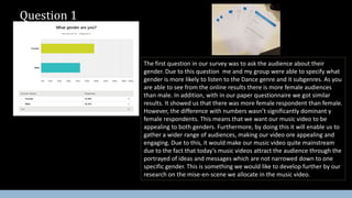 Question 1
The first question in our survey was to ask the audience about their
gender. Due to this question me and my group were able to specify what
gender is more likely to listen to the Dance genre and it subgenres. As you
are able to see from the online results there is more female audiences
than male. In addition, with in our paper questionnaire we got similar
results. It showed us that there was more female respondent than female.
However, the difference with numbers wasn’t significantly dominant y
female respondents. This means that we want our music video to be
appealing to both genders. Furthermore, by doing this it will enable us to
gather a wider range of audiences, making our video ore appealing and
engaging. Due to this, it would make our music video quite mainstream
due to the fact that today’s music videos attract the audience through the
portrayed of ideas and messages which are not narrowed down to one
specific gender. This is something we would like to develop further by our
research on the mise-en-scene we allocate in the music video.
 