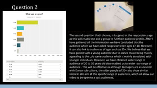 Question 2
The second question that I choose, is targeted at the respondents age
as this will enable me and y group to full their audience profile. After I
have gathered all the information we have concluded that the
audience which we have asked ranges between ages 17-18. However,
it can also link to audiences of ages such as 25+. We believe that we
have gained such a young audience due to Dance music being mainly
appealing to the cub scene audience which is mainly associated with
younger individuals. However, we have obtained wider range of
audience of 20 to 30 years old also enabled us to wider our range of
audience . This will be effective as although teenagers are associated
with Dance sub-culture, the older people of 20+ also show similar
interest. We aim at this specific range of audiences, which all allow our
video to be open to a vast audiences.
 