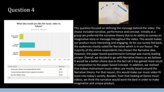 Question 4
This question focused on defining the message behind the video. The
choice included narrative, performance and concept. Initially as a
group we preferred the narrative theory due to its ability to convey an
imaginative story or message throughout the video. This would makes
our product more interesting and engaging. As for our survey fed back,
the audiences mostly voted for Narrative which is in our favour. The
majority of the online respondents has chosen the Narrative idea.
However, the paper based questionnaire Concept was mainly leading
answer. Overall, we decided to go with Narrative theory as we believe
it would be a better choice due to the fact tat it has gained more result
in composition to the paper based Concept. In addition, we realised
that todays mainstream music videos are mostly based around the
Narrative theory. For that reason, this would make our music video fit
more into today’s society. Besides, from that looking at Dance music
videos, we think the narrative would work the best in order to make
imaginative and unique product.
 