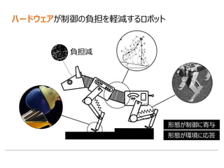 形態が制御に寄与
形態が環境に応答
負担減
ハードウェアが制御の負担を軽減するロボット
 