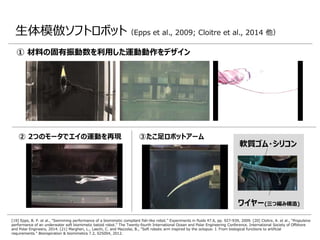[19] Epps, B. P. et al., "Swimming performance of a biomimetic compliant fish-like robot." Experiments in fluids 47.6, pp. 927-939, 2009. [20] Cloitre, A. et al., "Propulsive
performance of an underwater soft biomimetic batoid robot." The Twenty-fourth International Ocean and Polar Engineering Conference. International Society of Offshore
and Polar Engineers, 2014. [21] Margheri, L., Laschi, C. and Mazzolai, B., "Soft robotic arm inspired by the octopus: I. From biological functions to artificial
requirements." Bioinspiration & biomimetics 7.2, 025004, 2012.
生体模倣ソフトロボット（Epps et al., 2009; Cloitre et al., 2014 他）
② 2つのモータでエイの運動を再現 ③たこ足ロボットアーム
① 材料の固有振動数を利用した運動動作をデザイン
軟質ゴム・シリコン
ワイヤー(三つ編み構造)
 