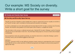 Our example: MS Society on diversity.
Write a short goal for the survey
24
 