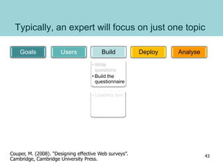 Typically, an expert will focus on just one topic
Goals Users Build
• Write
questions
• Build the
questionnaire
• Usability test
Deploy Analyse
Couper, M. (2008). “Designing effective Web surveys”.
Cambridge, Cambridge University Press.
43
 