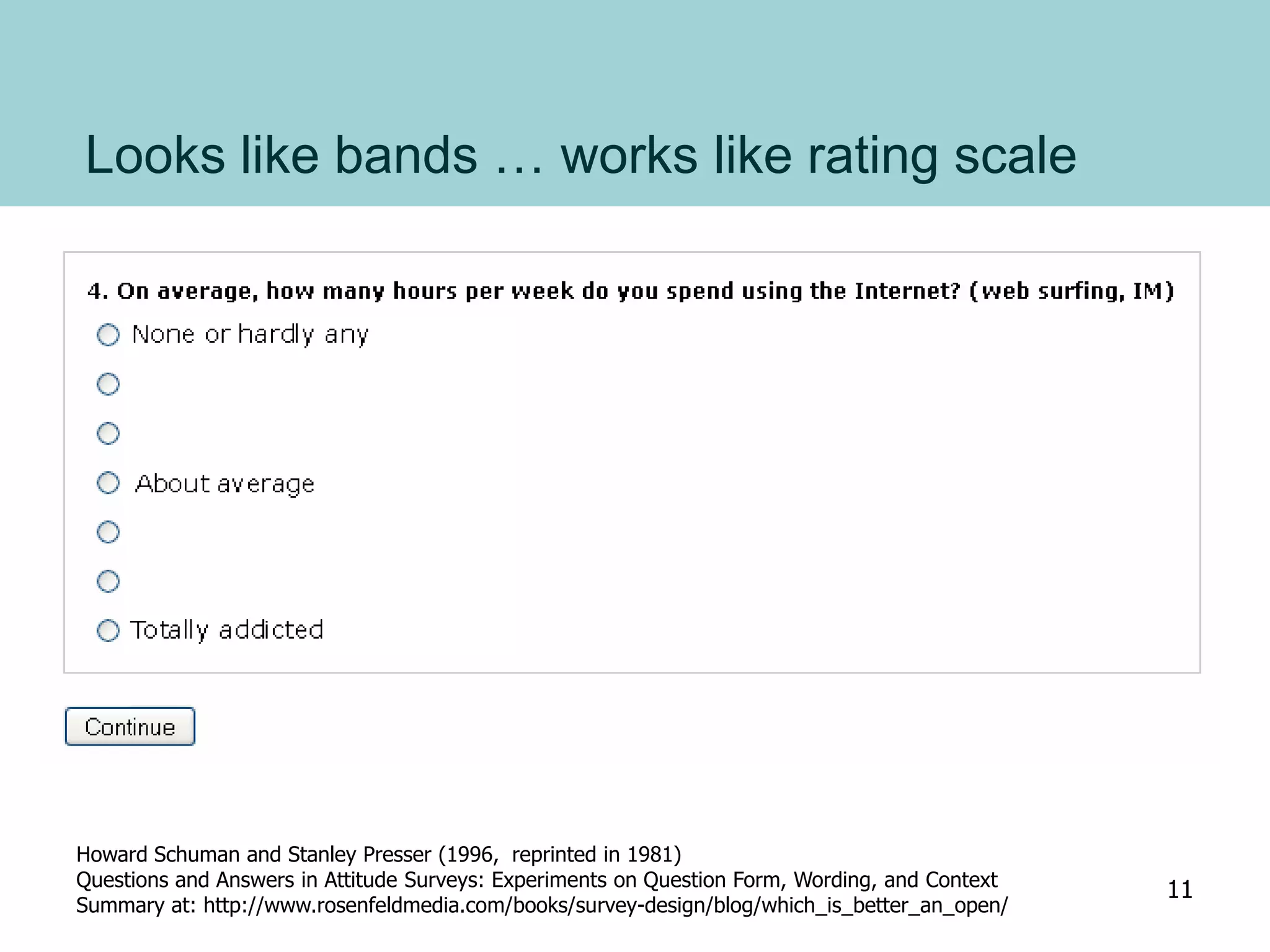 Looks like bands … works like rating scale
Howard Schuman and Stanley Presser (1996, reprinted in 1981)
Questions and Answers in Attitude Surveys: Experiments on Question Form, Wording, and Context
Summary at: http://www.rosenfeldmedia.com/books/survey-design/blog/which_is_better_an_open/
11
 
