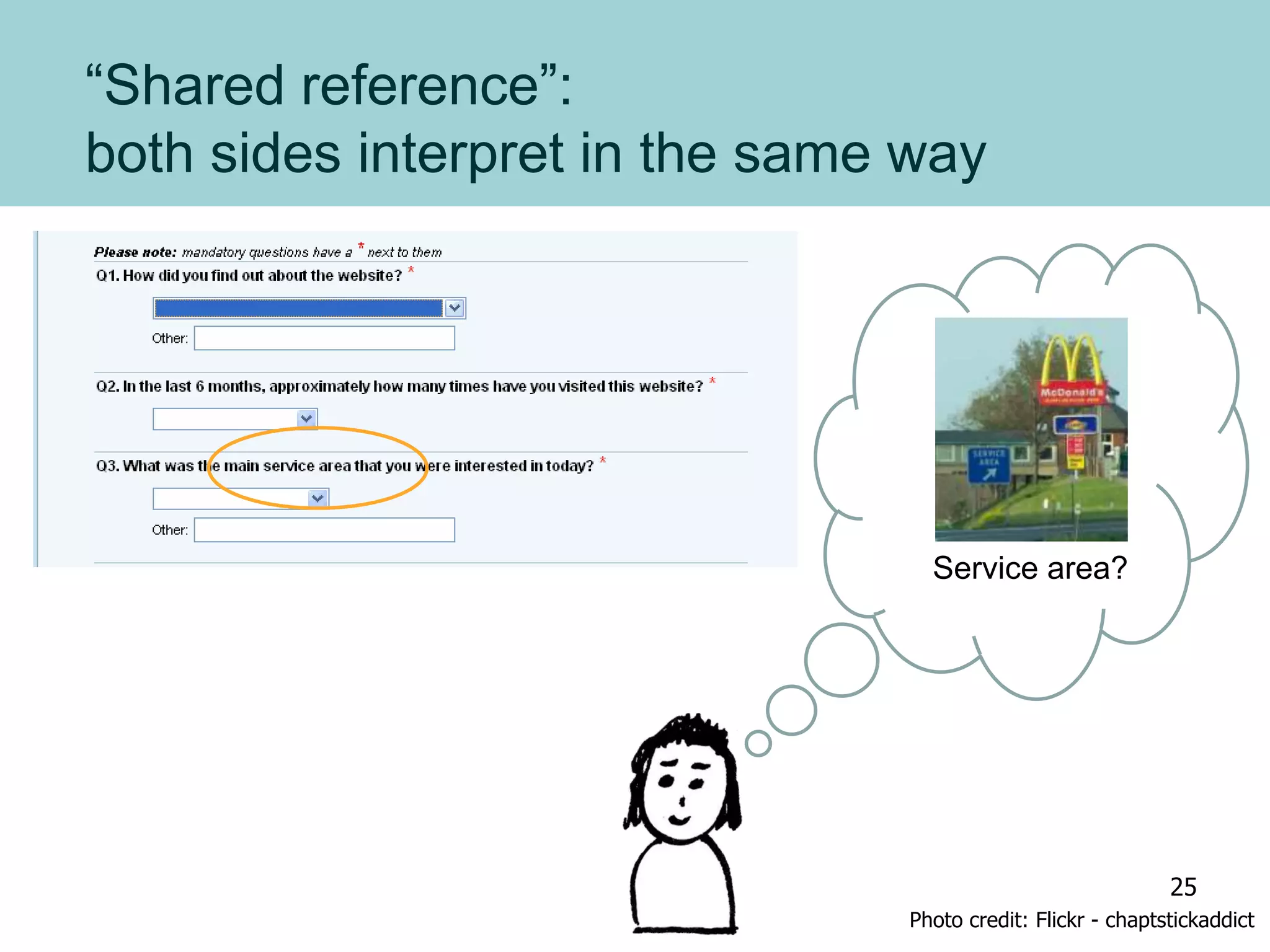 “Shared reference”:
both sides interpret in the same way
Service area?
Photo credit: Flickr - chaptstickaddict
25
 