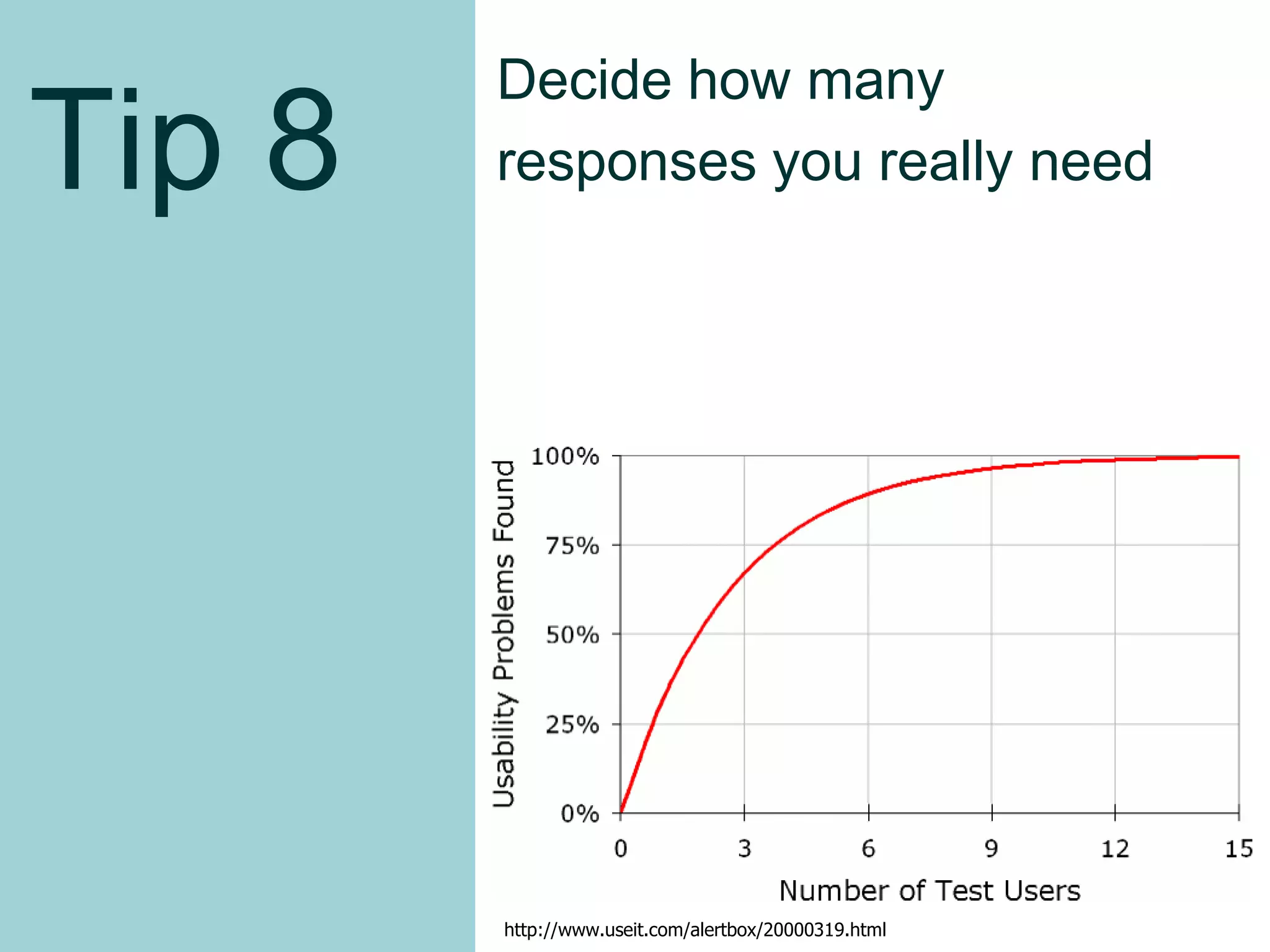 Tip 8
Decide how many
responses you really need
http://www.useit.com/alertbox/20000319.html
 