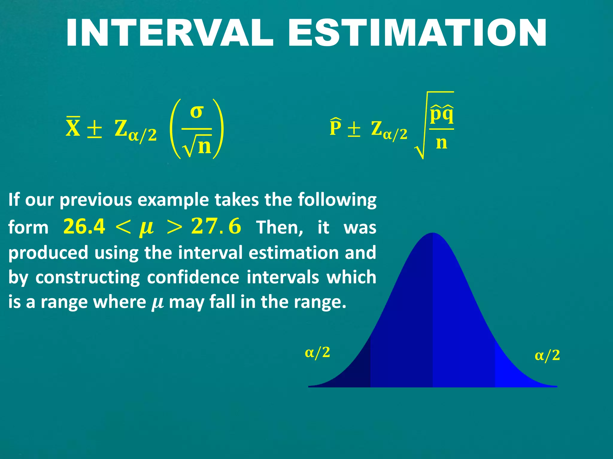INTERVAL ESTIMATION
𝐗 ± 𝐙 𝛂/𝟐
𝛔
𝐧
𝛂/𝟐𝛂/𝟐
𝐏 ± 𝐙 𝛂/𝟐
𝐩 𝐪
𝐧
If our previous example takes the following
form 26.4 < 𝝁 > 𝟐𝟕. 𝟔 Then, it was
produced using the interval estimation and
by constructing confidence intervals which
is a range where 𝝁 may fall in the range.
 