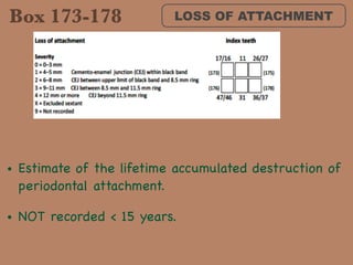 LOSS OF ATTACHMENT
• Estimate of the lifetime accumulated destruction of
periodontal attachment. 

• NOT recorded < 15 years.
Box 173-178
 