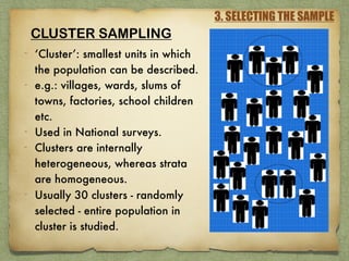 3. SELECTING THE SAMPLE
CLUSTER SAMPLING
- ‘Cluster’: smallest units in which
the population can be described.
- e.g.: villages, wards, slums of
towns, factories, school children
etc.
- Used in National surveys.
- Clusters are internally
heterogeneous, whereas strata
are homogeneous.
- Usually 30 clusters - randomly
selected - entire population in
cluster is studied.
 