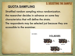 3. SELECTING THE SAMPLE
QUOTA SAMPLING
- Stratiﬁed random sampling minus randomization.
- the researcher decides in advance on some key
characteristics that will deﬁne the strata.
- The respondents may be selected just because they are
accessible to the examiner.
 