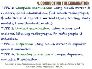 4. CONDUCTING THE EXAMINATION
TYPE 1: Complete examination using mouth mirror &
explorer, good illumination, full mouth radiographs,
& additional diagnostic methods (pulp testing, study
models, transillumination etc.)
TYPE 2: Limited examination, using mirror and
explorer, bitewing radiographs. PA radiographs if
indicated.
TYPE 3: Inspection using mouth mirror & explorer,
good illumination.
TYPE 4: Screening procedure - tongue depressor,
available illumination.
American Dental Association.A dental health program for schools. Chicago (IL):The
American Dental Association; 1954. 16.
 