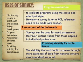 USES OF SURVEY:
1. Monitoring
trends in
oral health
and disease.
2. Policy
development
3. Program
evaluation
4. Assessment
of dental
needs
5. Providing
visibility for
dental issues
- to evaluate programs using the cause and
effect principle.
- However a survey is not a RCT, inferences
need to be made with caution.
- Surveys can be used for need assessment.
- However, criteria varies from those applied
to individual patient care.
- The visibility that oral health acquires through
mere existence of data from national surveys -
most important use of all.
 