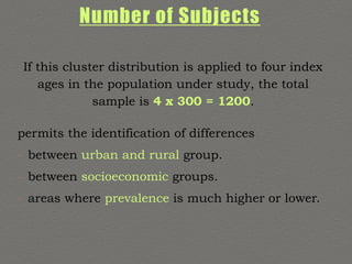 Number of Subjects
If this cluster distribution is applied to four index
ages in the population under study, the total
sample is 4 x 300 = 1200.
permits the identification of differences
- between urban and rural group.
- between socioeconomic groups.
- areas where prevalence is much higher or lower.
 