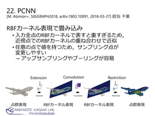 22. PCNN
[M. Atzmon+, SIGGRAPH2018, arXiv:1803.10091, 2018-03-27] 担当: 千葉
RBFカーネル表現で畳み込み
• 入力全点のRBFカーネルで表すと重すぎるため，
近傍点でのRBFカーネルの重ね合わせで近似
• 任意の点で値を持つため，サンプリング点が
変更しやすい
→ アップサンプリングやプーリングが容易
点群表現RBFカーネル表現 RBFカーネル表現点群表現
Convolution RestrictionExtension
 