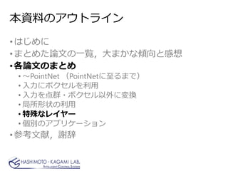 本資料のアウトライン
•はじめに
•まとめた論文の一覧，大まかな傾向と感想
•各論文のまとめ
• ～PointNet （PointNetに至るまで）
• 入力にボクセルを利用
• 入力を点群・ボクセル以外に変換
• 局所形状の利用
• 特殊なレイヤー
• 個別のアプリケーション
•参考文献，謝辞
 