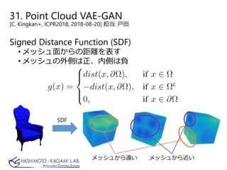 31. Point Cloud VAE-GAN
[C. Kingkan+, ICPR2018, 2018-08-20] 担当: 戸田
Signed Distance Function (SDF)
• メッシュ面からの距離を表す
• メッシュの外側は正、内側は負
SDF
メッシュから遠い メッシュから近い
 