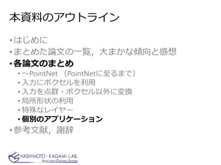 本資料のアウトライン
•はじめに
•まとめた論文の一覧，大まかな傾向と感想
•各論文のまとめ
• ～PointNet （PointNetに至るまで）
• 入力にボクセルを利用
• 入力を点群・ボクセル以外に変換
• 局所形状の利用
• 特殊なレイヤー
• 個別のアプリケーション
•参考文献，謝辞
 